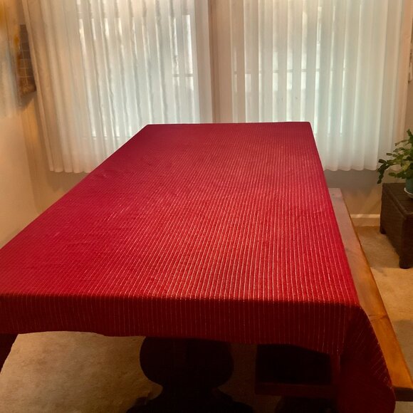 Christmas Tablecloth Red w/ Red Gold Green Metallic Stripes. Long - Picture 2 of 7